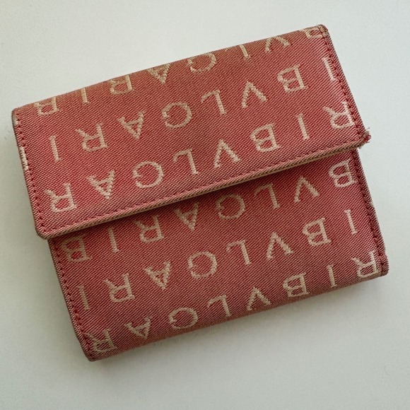 Bvlgari Canvas Leather Tri Fold Wallet Pink Monogram Snap Closure - Picture 2 of 15